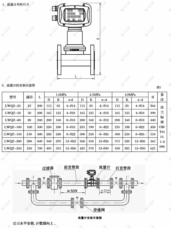 产品概述 LWQ系列气体涡轮流量计,适用于测量各种燃气及工业领域中各种气体,如:天然气、城市煤气、LPG、丙烷、丁烷、空气、氮气等。仪表准确度高、重复性好,特别适合做贸易计量。LWQ系列气体涡轮流量计采用德国进口仪表专用自润滑精密轴承,准确度高,范围宽广,(20:1)小口径在一般使用下五年内可免于加油,大口径也只需偶尔加油,使用方便。LWQ系列气体涡轮流量计可分为:智能型(温压补偿)和普通型(有现场显示和无现场显示)二种规格。 精大气体涡轮流量计可以计量各种气体介质的流量,客户在购买前需正确提供工况参数